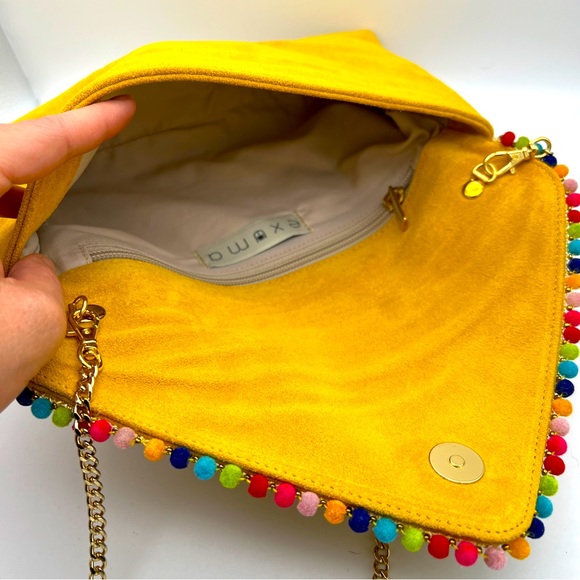 EXUMA / ANTHRO Leather Convertible Envelope Clutch - Yellow w Colorful Mini Poms - Picture 5 of 6